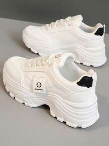 1 双女士休闲圆头系带户外运动鞋，春夏季皮底运动鞋 - 米色 - 查看 10