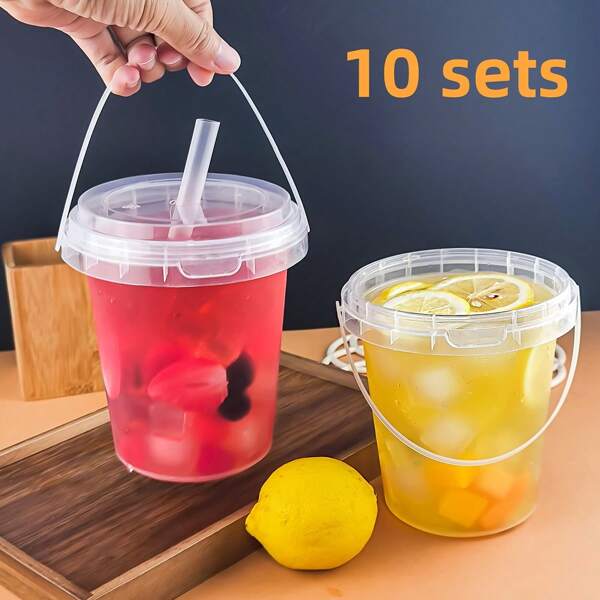 5/10pcs Set 33.81 Oz Large Plastic Cup With Lid And Straw - Reusable, Drink Cup For Ice Drinks, Fruit, Ice Bucket - Ideal For Parties, Festivals, And Everyday Use
