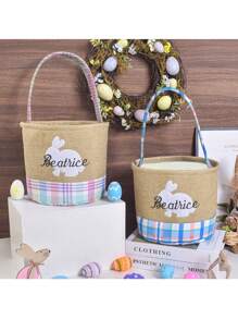 Customized Embroidered Easter Basket, Custom Rabbit Basket, Kids' Easter Basket, Baby Girl And Boy Basket, Easter Activity Egg Basket, Easter Gift, Egg Basket, Easter Basket Decor Eggs, Rabbit Storage Basket Handbag, Can Be Customized With Baby Name And Blessing