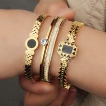 3/1pcs Stainless Steel Women's Bangle Set, Minimalist Zirconia Stone Inlay Fashion Bracelet Combo, Suitable For Daily, Photoshoots, Parties, Gifting, All Seasons