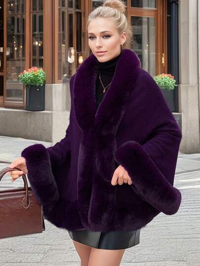 1 Pc Acrylic Knit Imitation Mink Collar Solid Color Cape Poncho, Elegant Vintage Style Suitable For Cheongsam Or Evening Dress, Short Knit Cardigan Jacket For Autumn/Winter