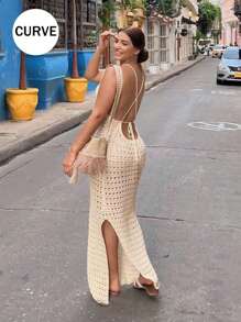 Vestido largo de gasa transparente con abertura y espalda descubierta de estilo halter, tipo túnica para traje de baño y vacaciones de talla grande