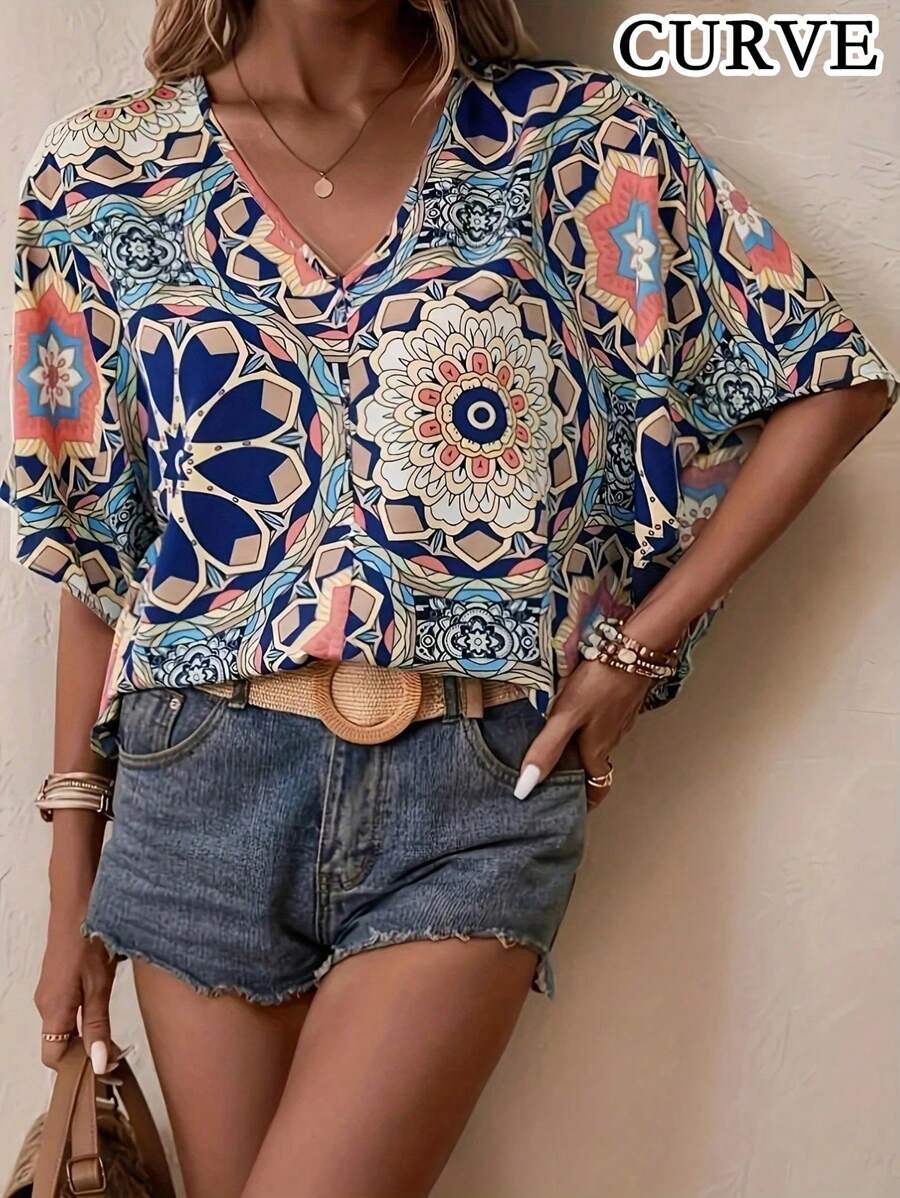 Áo kiểu nữ cỡ lớn in hoa cổ chữ V tay cánh dơi mùa hè - Nhiều màu - Xem 1