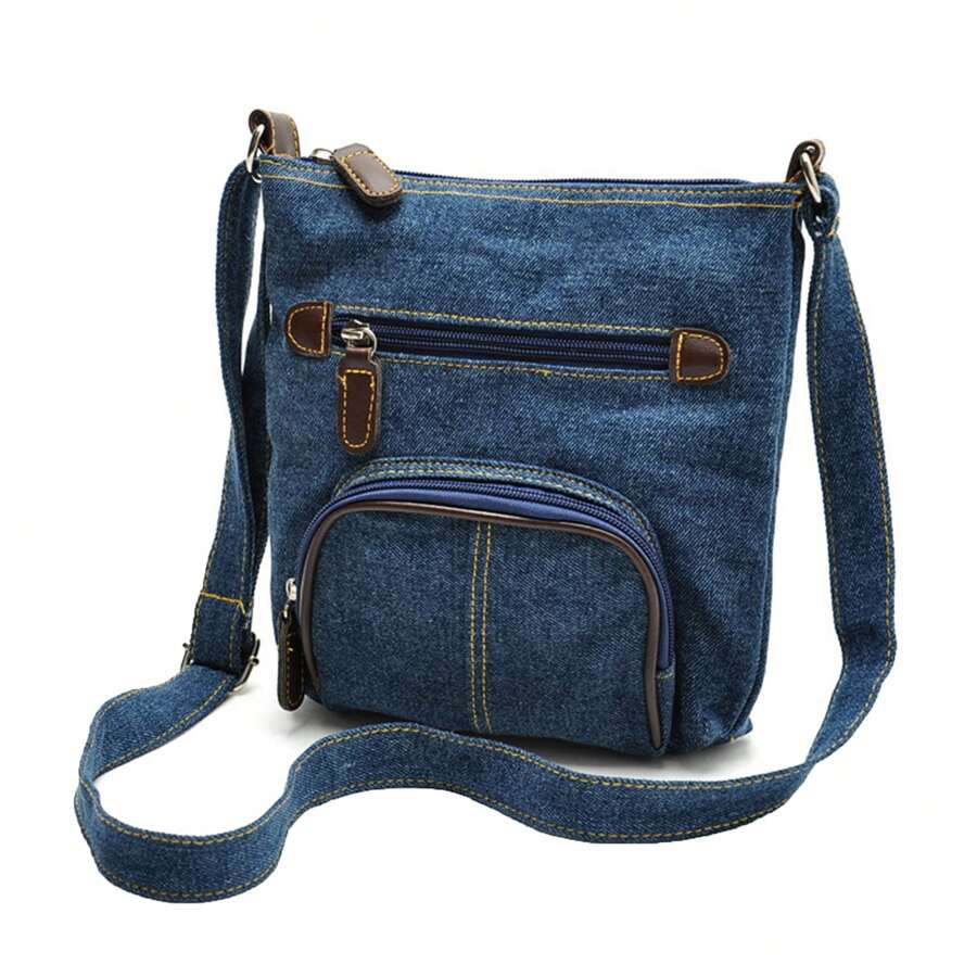 Women Fashion Denim Crossbody Bag Multi Pockets Messenger Bag With Adjustable Straps Shoulder Bag Vintage Bag 22cm*21cm*4.1cm - 藏蓝色 - 查看 1