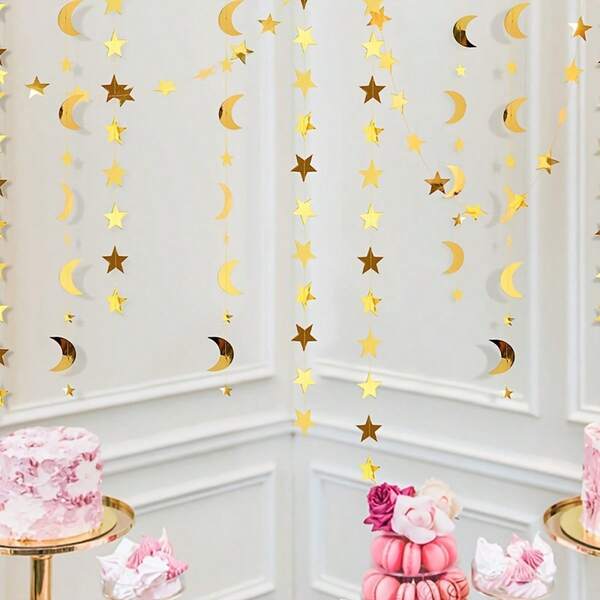 1pc 5M Star & Moon Paper Pennant Garland Banner, Ramadan Party Home Decor
