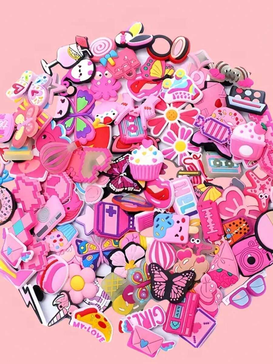 No-Repeat 5/10/20/30/50/80/100Pcs PVC Random Fashion Style Shoe Charms Set For DIY Shoe Decoration, Assorted Cute Accessories For Customizing Footwear - Pink - View 1