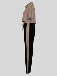 2pcs Women's Fashionable Striped Collared Button-Up Top And Elastic Waist Striped Patchwork Straight Leg Pants Set - Khaki - View 6