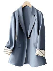 Women's Cuff Striped Patchwork One Button Regular Blazer - Blue - View 3