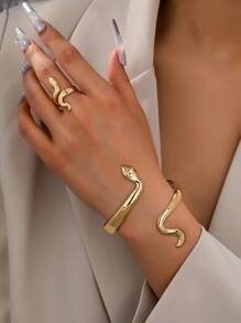Pack Of 2 Snake Cuff Bracelet Snake Ring Set , Women Matching Snake Bangle Rings Jewelry Set - Gold - View 2