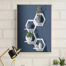 Étagères flottantes hexagonales - Écran en canevas sans cadre avec étagères en bois pour les plantes, l'aromathérapie et la décoration - Rangement à plusieurs niveaux pour le salon, la salle de bain, la cuisine - Design minimaliste moderne - Multicolore - Voir 1