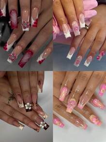 96件套（4种混合款式）3D凝胶美甲套装，包含1瓶果冻胶和1把指甲锉，轻松打造3D立体花朵美甲，法式方形按压式美甲，矩形完美贴合，亚克力假指甲套装，包含：1瓶果冻胶和1把指甲锉，易于佩戴，3D立体花朵凝胶美甲，法式按压式美甲，适合女性日常工作、派对和其他场合，美甲用品。 - 彩色 - 查看 2