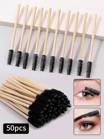50Pcs Bamboo Handle Eyelash Brush Makeup Brush Eyelash Extension Mascara Wands Applicators Eye Lash Curling Comb Makeup Tools, Eyebrow Brush, Eyeshadow Brush, Brush