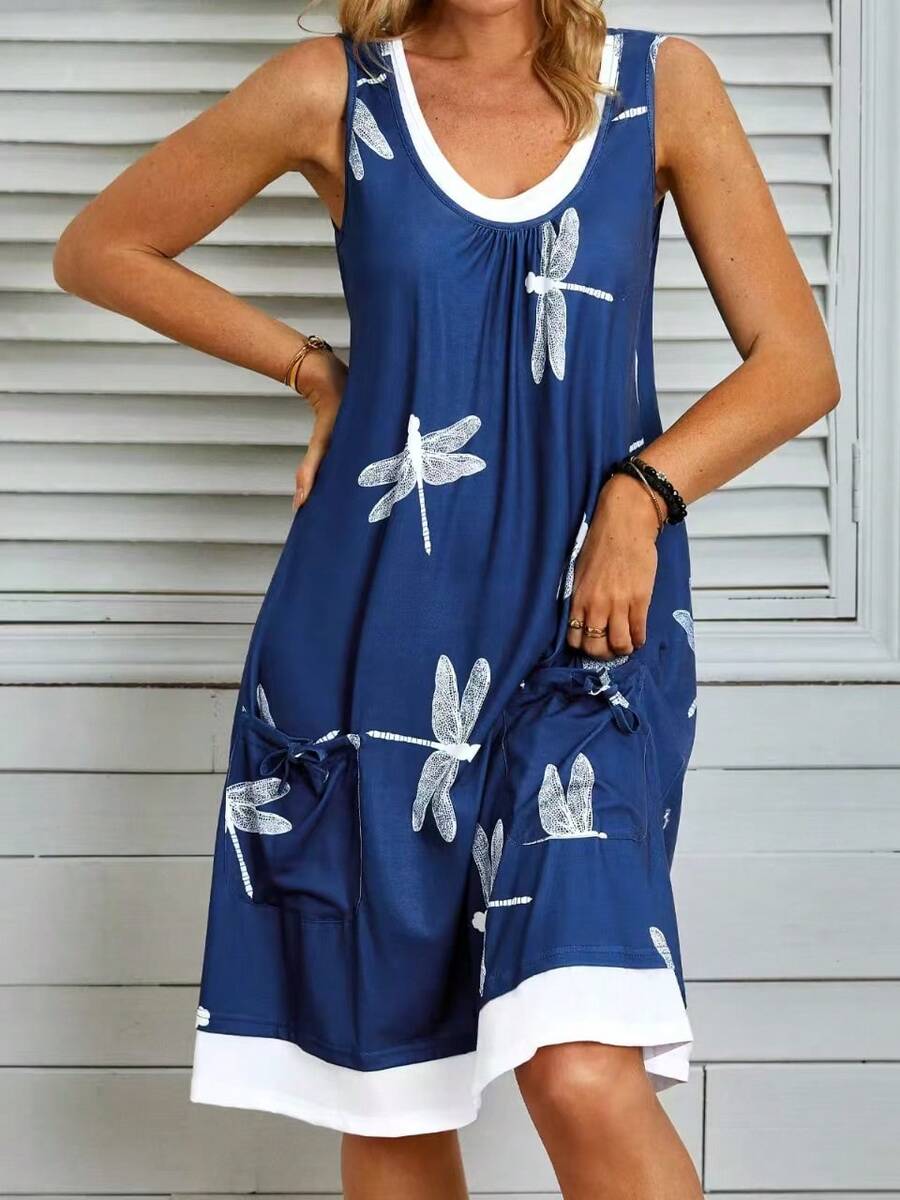 Plus Size Women's Floral Print Patchwork A-Line Dress With Pockets And Drawstring, Casual Round Neck Spring/Summer One-Piece Dress - Blue - View 1