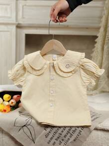 1pc Girl Embroidered Short Sleeve Solid Color Casual Blouse Top, Cute Doll Collar Shirt, School Style Children Clothing - Beige - View 1