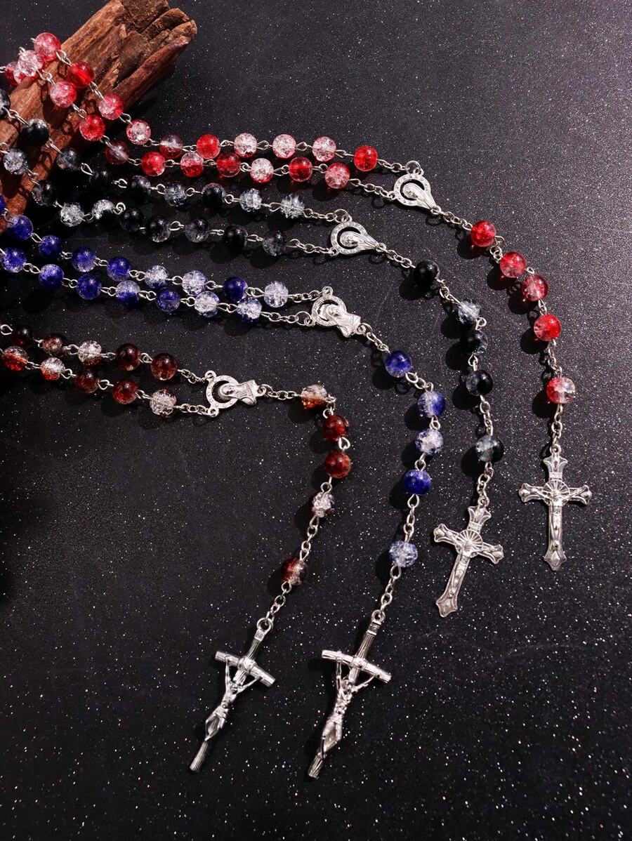 1 pieza Collar con cuentas de diseño agrietado minimalista de moda con colgante de cruz, joyería de cuentas de oración musulmana versátil, regalo para hombres en festividades