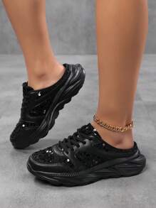 Black 2025 Women's Lightweight Comfortable Indoor & Outdoor Slippers, New Mesh With Sequin Decor, Spring/Autumn - Black - View 2