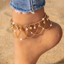 1pc Fashionable Bell Anklet, Boho Wave Tassel Bell Anklet Chain For Women, Bridal Foot Jewelry, Gold-Tone Chain Beach Accessory