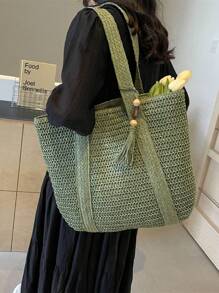 New Fashionable Versatile Tote Bag, Elegant Bohemian Woven Beach Vacation Travel Lightweight Shoulder Handbag With Tassel Pendant, Large Capacity Suitable For Women, College Students, Teens, Daily Commute & Shopping - Green - View 2