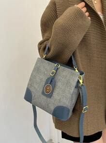 时尚新款复古压纹拼色水桶包，优雅手提包配肩带 - 藍色 - 查看 4