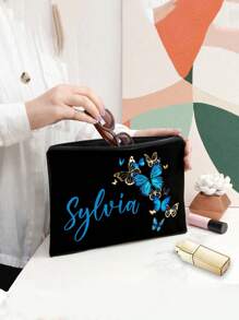 Custom Butterfly Printed Cosmetic Bag, Custom Your Name Cosmetic Bag, Can Be Customized To Your Unique Design, Lightweight Waterproof Canvas Zipper Cosmetic Bag Is Also Perfect For Coin Purse, Pencil Case, Perfect For Shopping, Date, Vacation, Travel, Festival, Party Or As A Gift Makeup Bag Make Up Organizer For Bathroom College Dorm Beach Summer Portable Multifunctional Women Girl Student