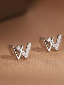 1 Pair S925 Sterling Silver Minimalist CZ Letter Stud Earrings For Women, Comes With Elegant Gift Box