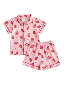 Kids Girls Boys Pajamas Set Dinosaur/Rugby/Strawberry Print Short Sleeve Shirts Tops Shorts 2 Pieces Lounge Suit Sleepwear - 粉色 - 查看 1