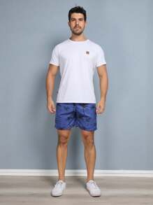 Men's Beach Shorts With Tree Print And Pocket - Blue - View 3