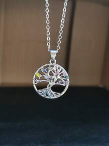 1pc Fashion Simple Life Tree With Rhinestone Hollow Circle Pendant Necklace For Women