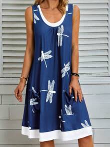 Plus Size Women's Floral Print Patchwork A-Line Dress With Pockets And Drawstring, Casual Round Neck Spring/Summer One-Piece Dress - Blue - View 4