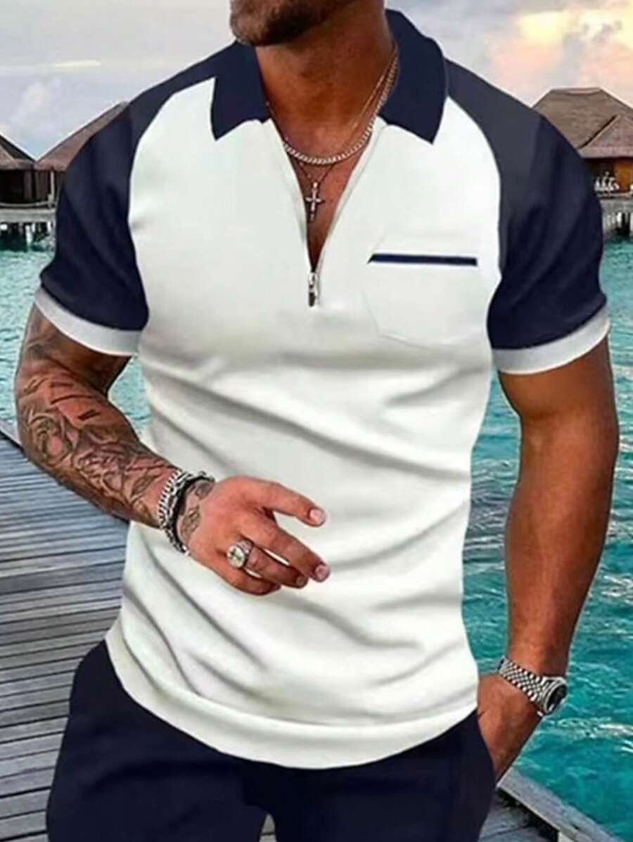 2025 Men's Comfortable & Breathable Contrast Color Casual Polo Shirt, Suitable For Spring And Summer - Multicolor - View 1