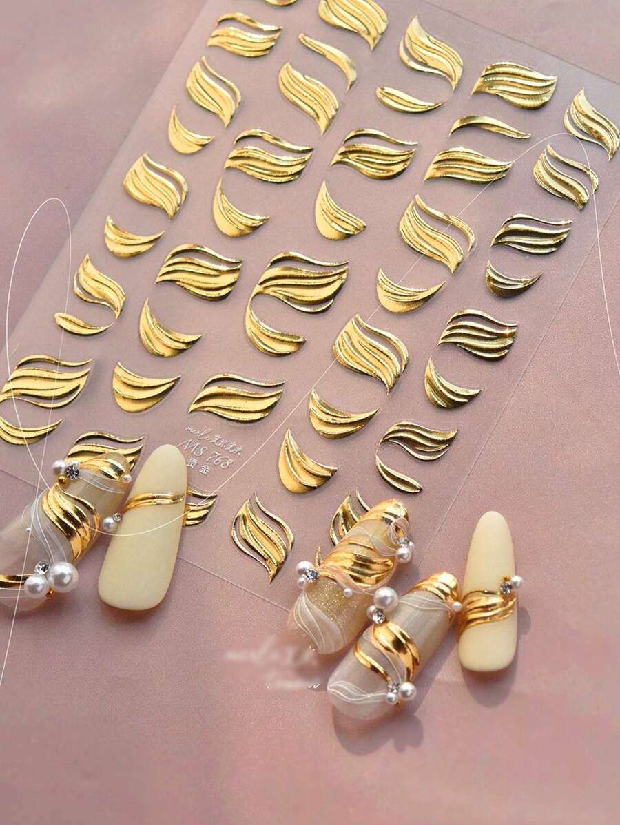 1pc Gold Ribbon Nail Charm Sticker DIY Art Baroque Style 5D Nail Art Decoration Decal - Multicolor - View 1