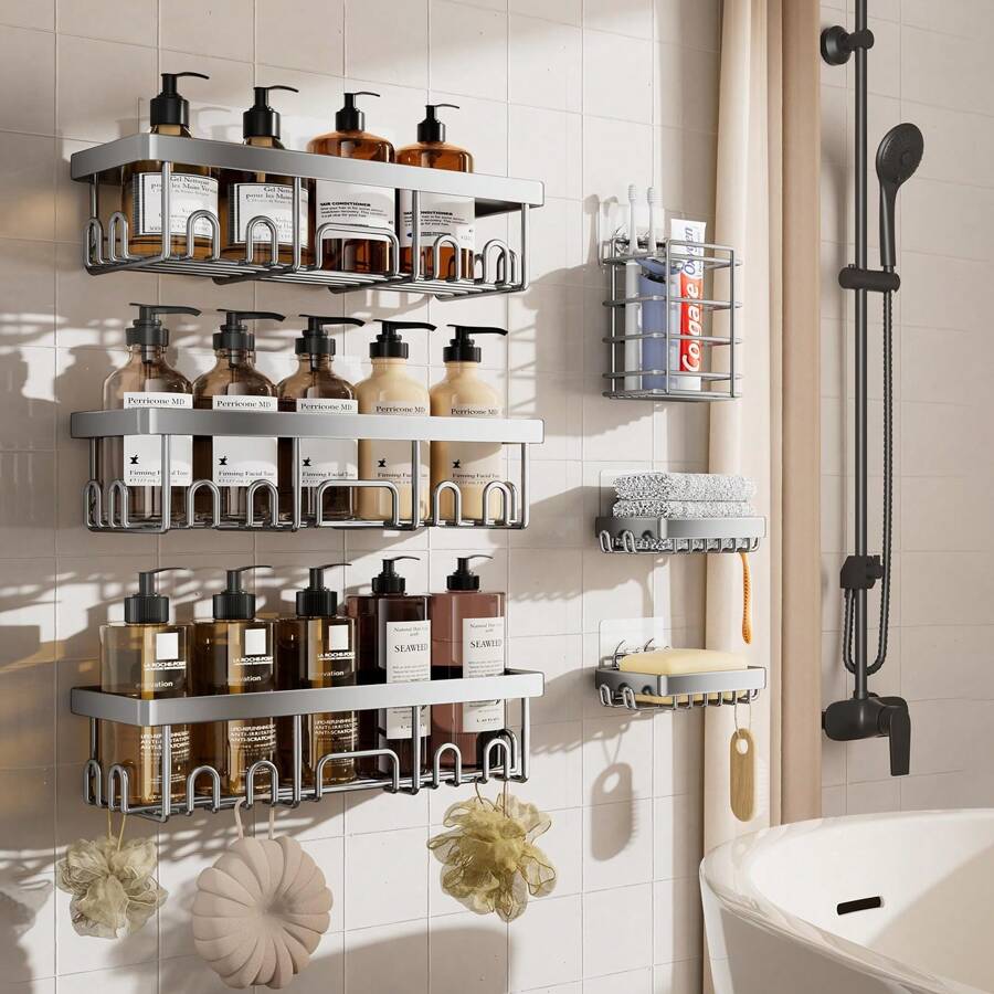 6 件装淋浴架粘合剂，无需钻孔浴室淋浴收纳架，带可拆卸挂钩，防锈淋浴架，壁挂式淋浴架，家居浴室装饰浴室收纳架夏季返校季 - 銀色 - 查看 1