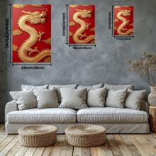 The Golden Dragon On Red With Clouds In The Background. Large Wooden Framed Wall Painting Artist Home Decoration Oil Painting - Bedroom, Bathroom, Living Room, Office, Kitchen, Christmas Gifts - 1 Piece