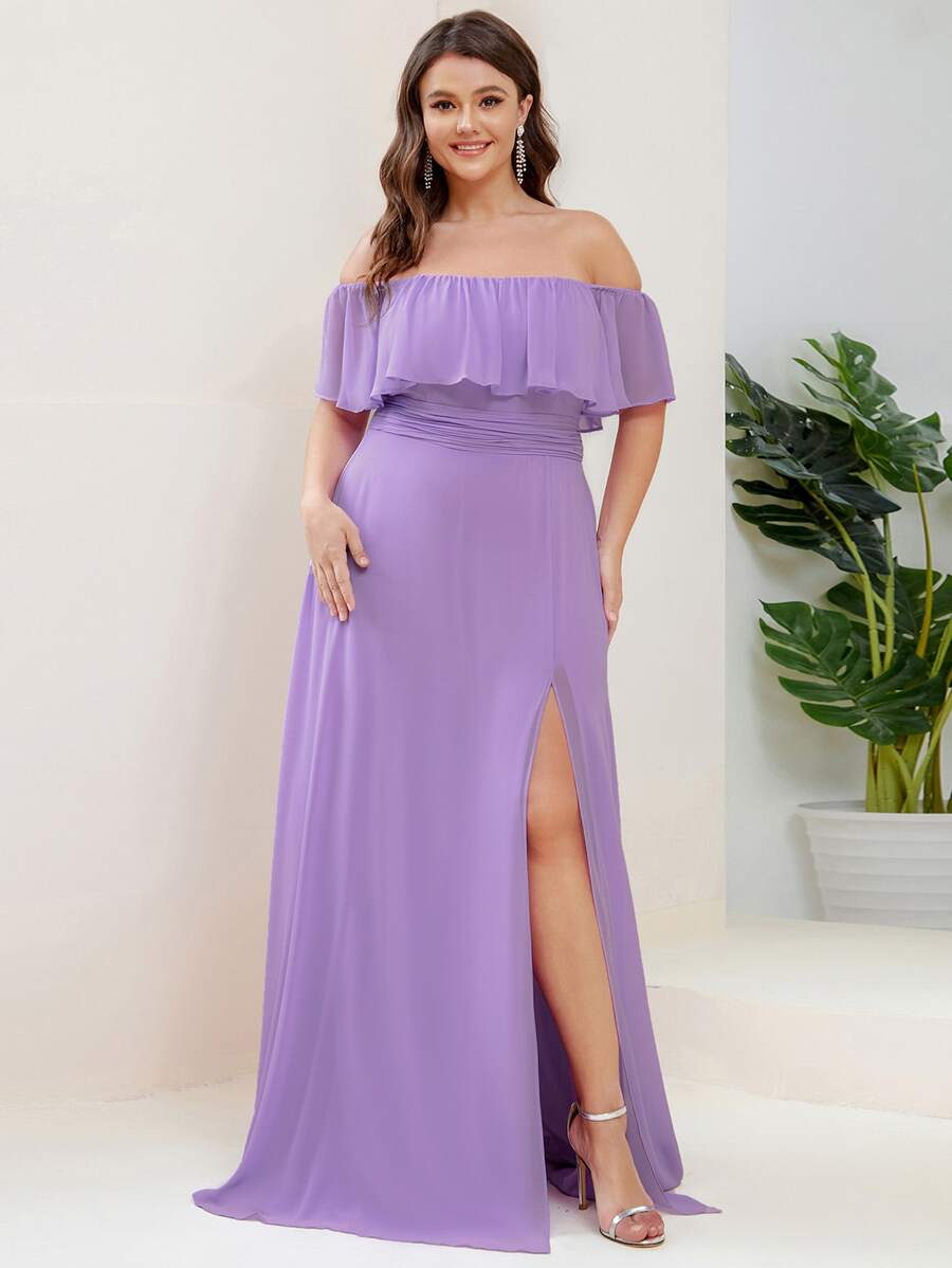 EVERPRETTY Plus Size Women's Solid Color Ruffle Off Shoulder Elegant Bridesmaid Dress - Mauve Purple - View 1