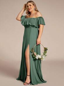EVERPRETTY Plus Size Women's Solid Color Ruffle Off Shoulder Elegant Bridesmaid Dress - Army Green - View 3