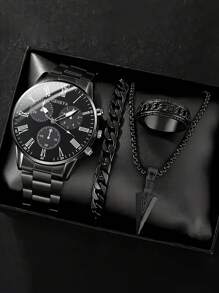 Conjunto de 4 piezas de reloj de cuarzo de moda para hombre - Estilo de negocios con colgante de flecha, pulsera, anillo, reloj de acero inoxidable con pantalla analógica precisa, cómodo, adecuado para uso casual y deportivo - Regalo ideal para él