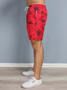 Men's Beach Shorts With Tree Print And Pocket - Đỏ - Xem 6