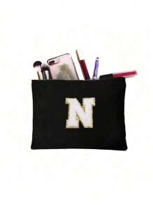 1 件化妆包钱包姓名首字母 A-Z 字母图案洗漱用品收纳袋拉链手机袋铅笔袋手提包旅行必需品女孩礼物化妆工具化妆刷收纳袋学校用品携带方便化妆包化妆品收纳袋