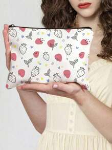 1pc Aardbeienpatroon Thema Volledige Print Make-up Tas - Lichtgewicht En Geurloze Polyester Reis Toilettas, Cartoon Aardbei Leuke Multifunctionele Canvas Tas, Oplaad Opbergtas, Essentiële Reis Make-up Tas: Meisjes Reis Reddingsboei Tas