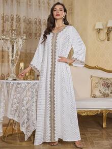 Elegant Gold Foil Ribbon Patchwork Long Sleeve Dress, Spring/Summer - White - View 4