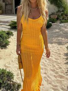 Vestito da donna casual da spiaggia per vacanze primavera ed estate, in tessuto a rete traforato lavorato a maglia, senza retro, senza biancheria intima