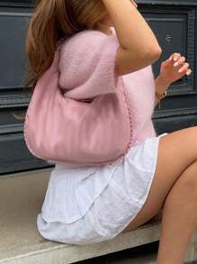 Women's Spring Autumn Knit Sweaters Half Sleeve O Neck Solid Color Casual Knitwear - Pink - View 7