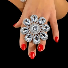 新款夸张亮水滴花大戒指可调节开口设计结婚礼物新娘个性超大时尚水钻戒指