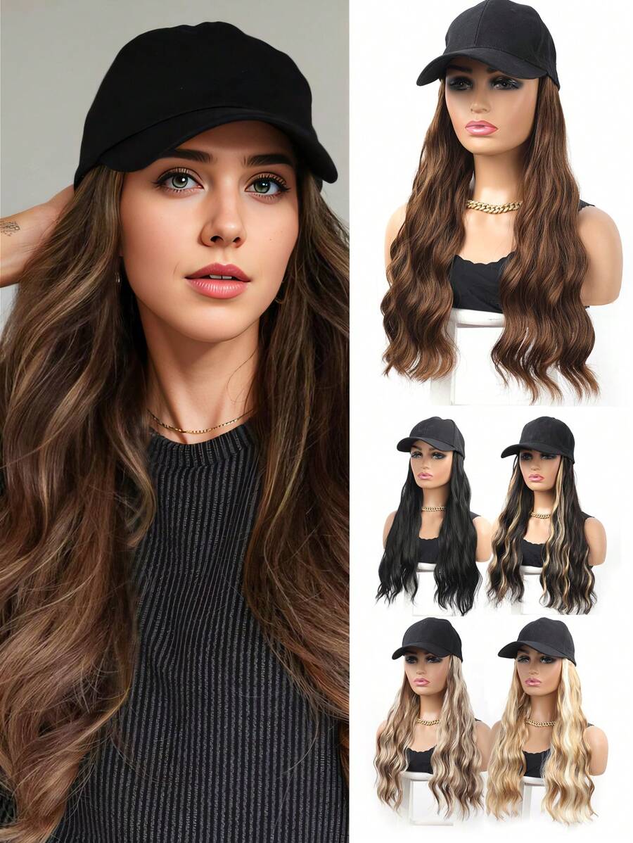 棒球帽带波浪长发接发帽假发可调节帽子合成假发女士混合漂白金发时尚透气假发帽适合日常运动 - 彩色 - 查看 1
