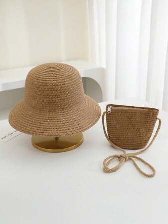 Set de 2 piezas Sombrero de paja + Bolsa versátil para uso diario de niños, perfecto para protección solar al aire libre en verano, vacaciones en la playa