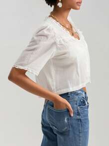 Women Short Sleeve Shirts Lace Ruffles Buttons Blouses Summer Loose Casual Tops - 米色 - 查看 4
