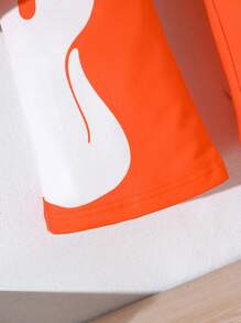 2 pièces/Set Jeune garçon sweat-shirt à capuche décontracté et léger avec imprimé lettre et crâne orange, Top à manches longues et pantalon long avec imprimé crâne noir, ensemble printemps/automne