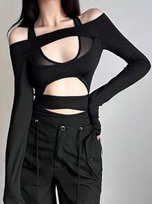 1 pezzo Body donna casual di moda, comodo, di colore unito, con pannello in rete e design sexy schiena scoperta con scollo alla halter, adatto per primavera, estate, autunno