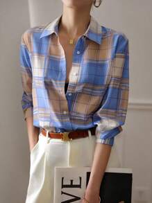 YUXIN Vintage Checkered Shirt For Women, Long Sleeve, Designed, High-End Blouse, Spring/Summer/Autumn - Blue - View 4