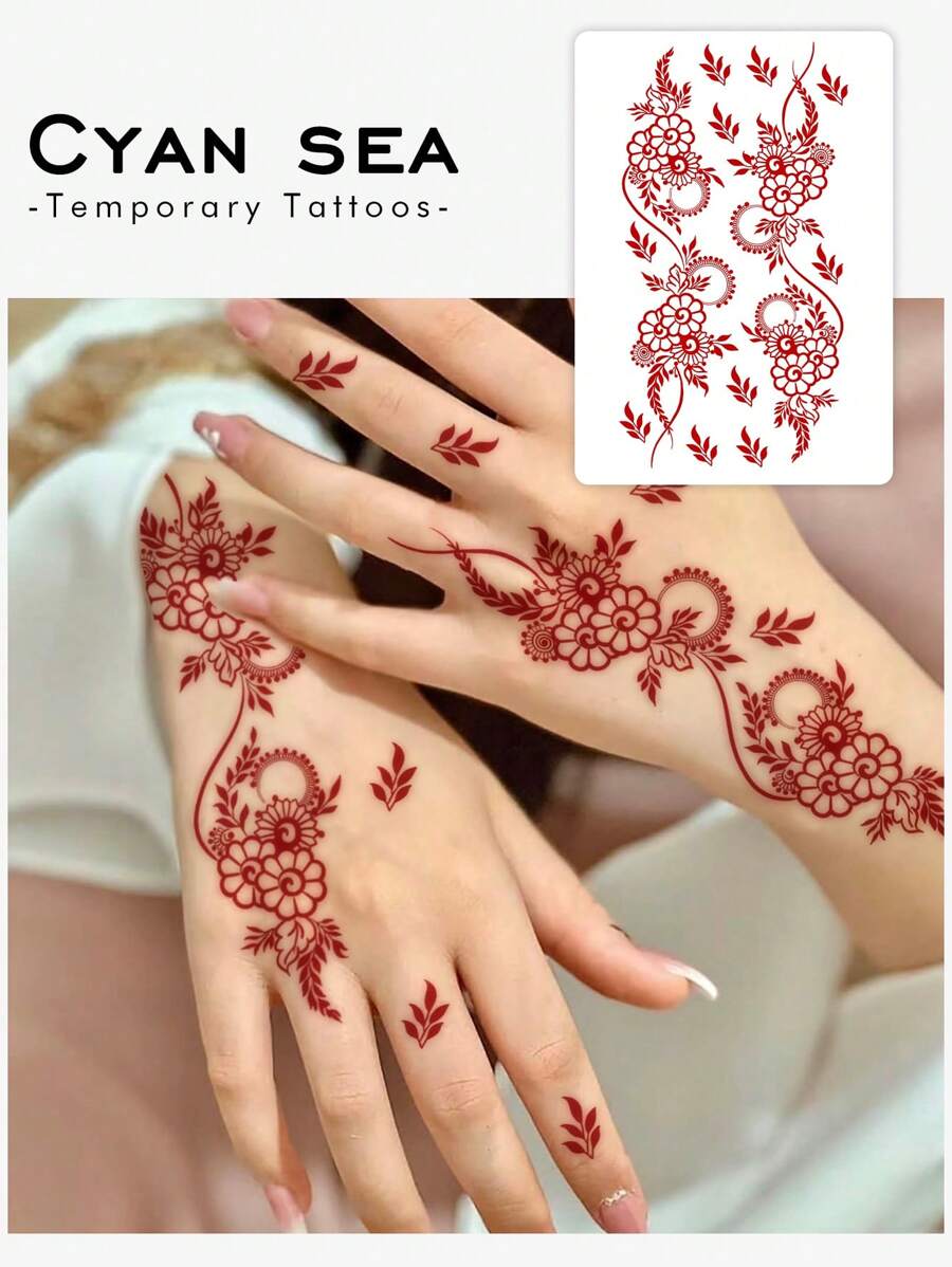 1-2pcs Tattoo Stickers, Free Gift Flower Henna Temporary Tattoo Stickers, Waterproof, Sweat-Proof PVC One-Time Use Realistic Tattoo Stickers, Suitable For Fashion Enthusiasts Daily Use - Red - View 1